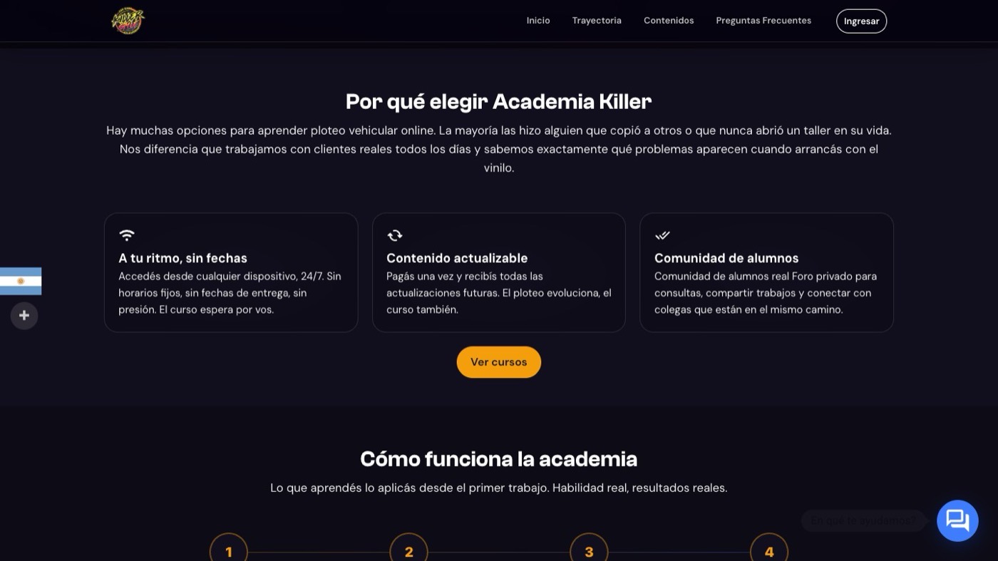 Sección «Por qué elegir Academia Killer»: acceso a tu ritmo, contenido actualizable y comunidad de alumnos