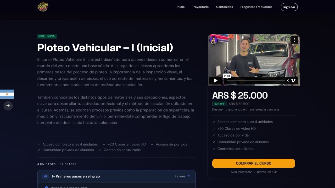 Ficha del curso Ploteo Vehicular I: video de presentación, precio, qué incluye y el botón de compra