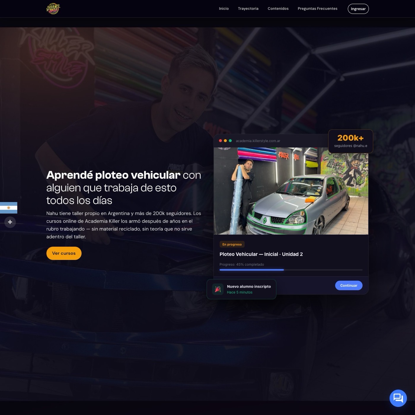 Inicio de Academia Killer: «Aprendé ploteo vehicular con alguien que trabaja de esto todos los días», con el panel del curso en progreso