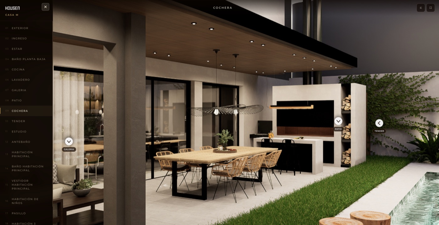 Recorrido 360° de la Casa M: el índice de ambientes a la izquierda y la galería con la mesa larga, el asador y la pileta