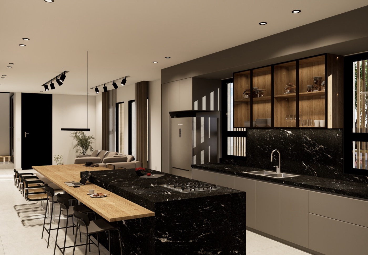 Render de la cocina de Manantiales: isla de granito negro con barra de madera, alacenas vidriadas y el estar al fondo