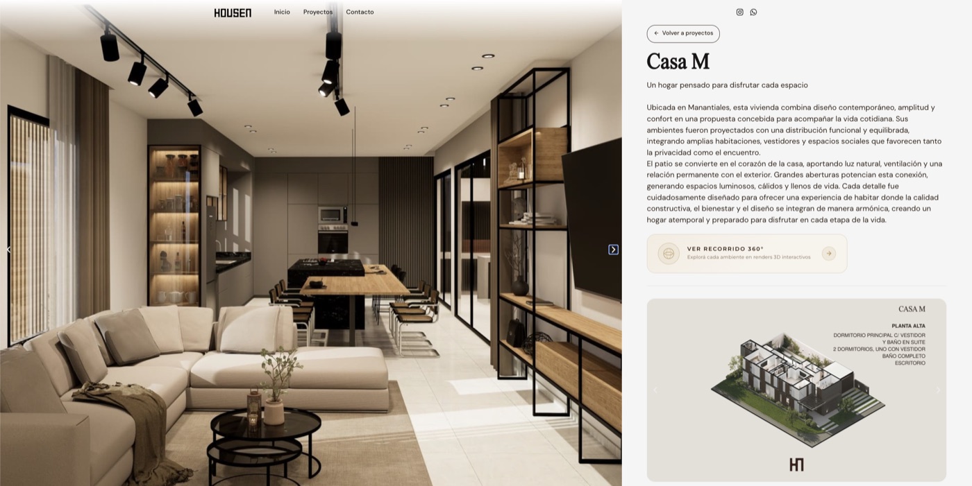 Ficha de la Casa M en el sitio: el render del estar y la cocina a la izquierda, y a la derecha la descripción, el acceso al recorrido 360° y la planta alta