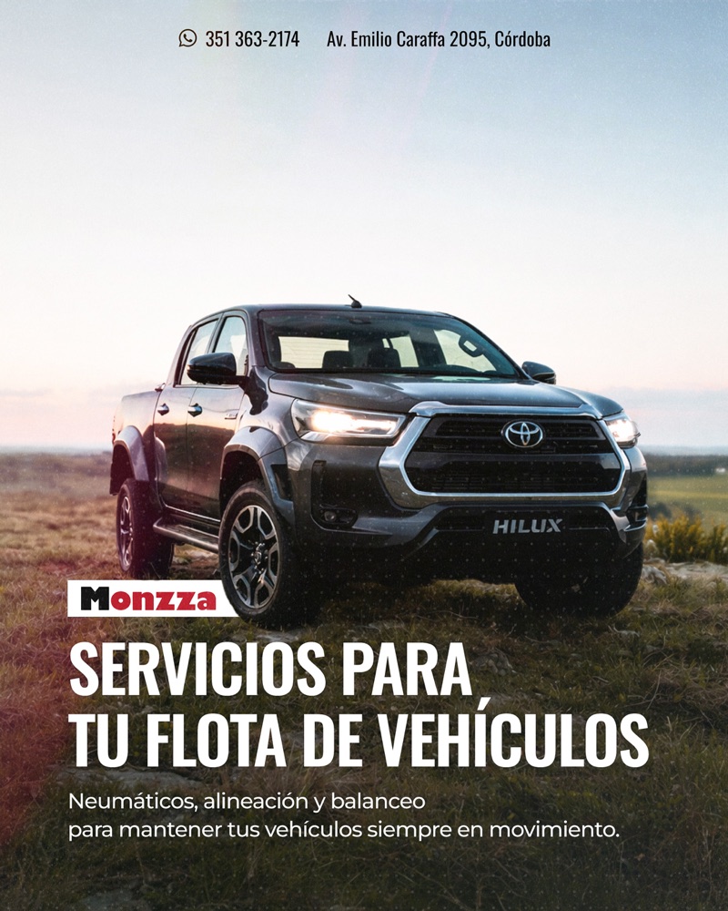 Posteo de Monzza: una Toyota Hilux en el campo y el título «Servicios para tu flota de vehículos»