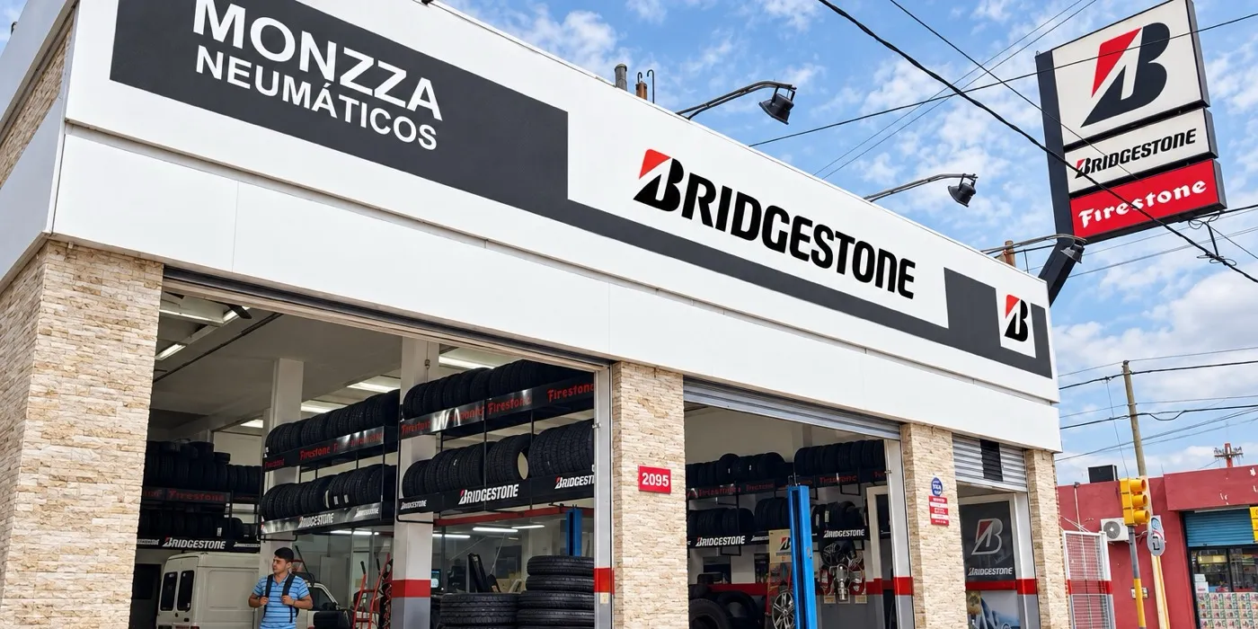 Frente del local de Monzza Neumáticos, con los carteles de Bridgestone y Firestone y las gomas apiladas adentro