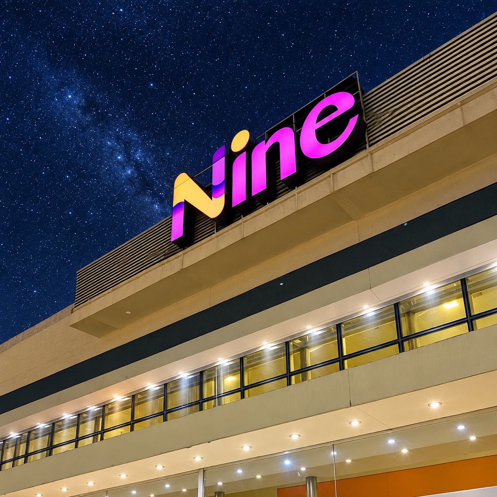 Frente de Nine Shopping de noche, con el cartel iluminado sobre el ingreso