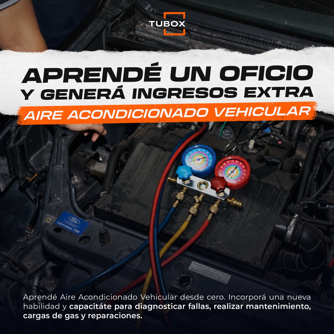 Anuncio de Facebook para TuBox: «Aprendé un oficio y generá ingresos extra», con el curso de aire acondicionado vehicular