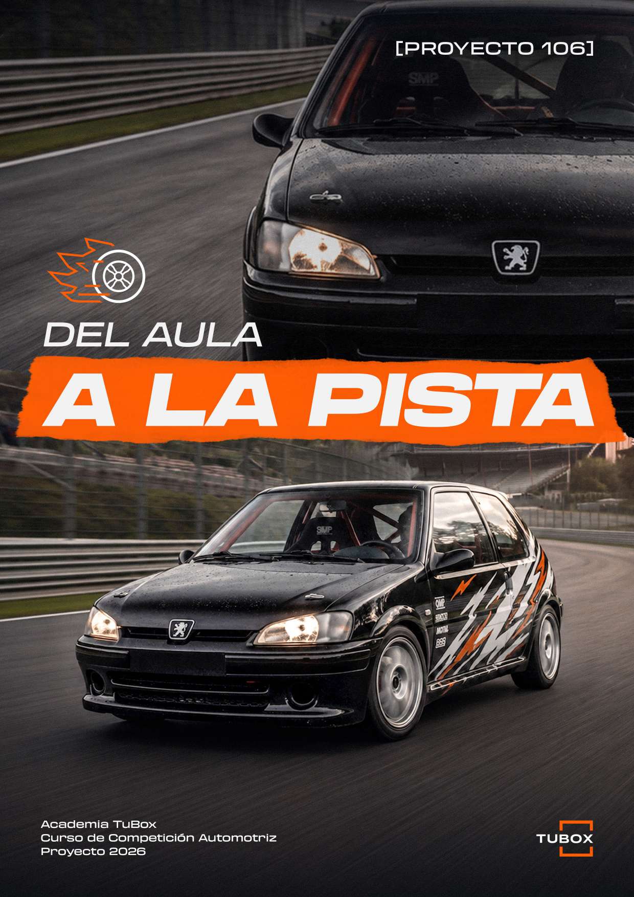 Tapa de la presentación del Proyecto 106 de TuBox: «Del aula a la pista», curso de competición automotriz