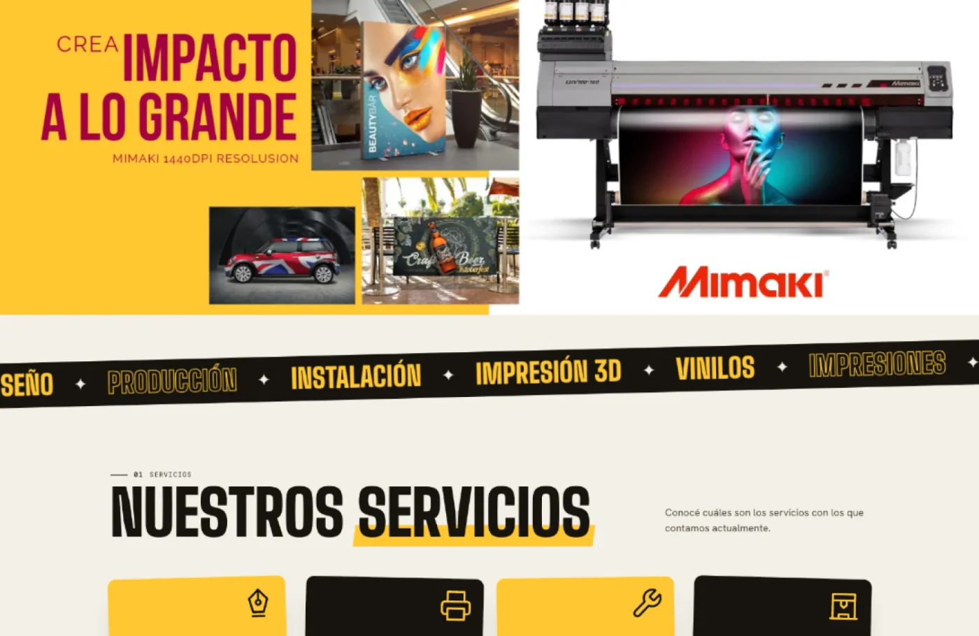 Gráfica TAF — portada del sitio, con la impresión Mimaki y la cinta de servicios